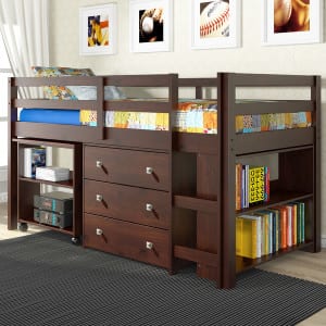 kids low loft bed with dresser and storage